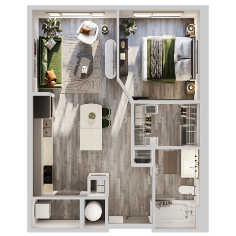 Floor plan for 1 bed, 1 bath, 652 sqft
